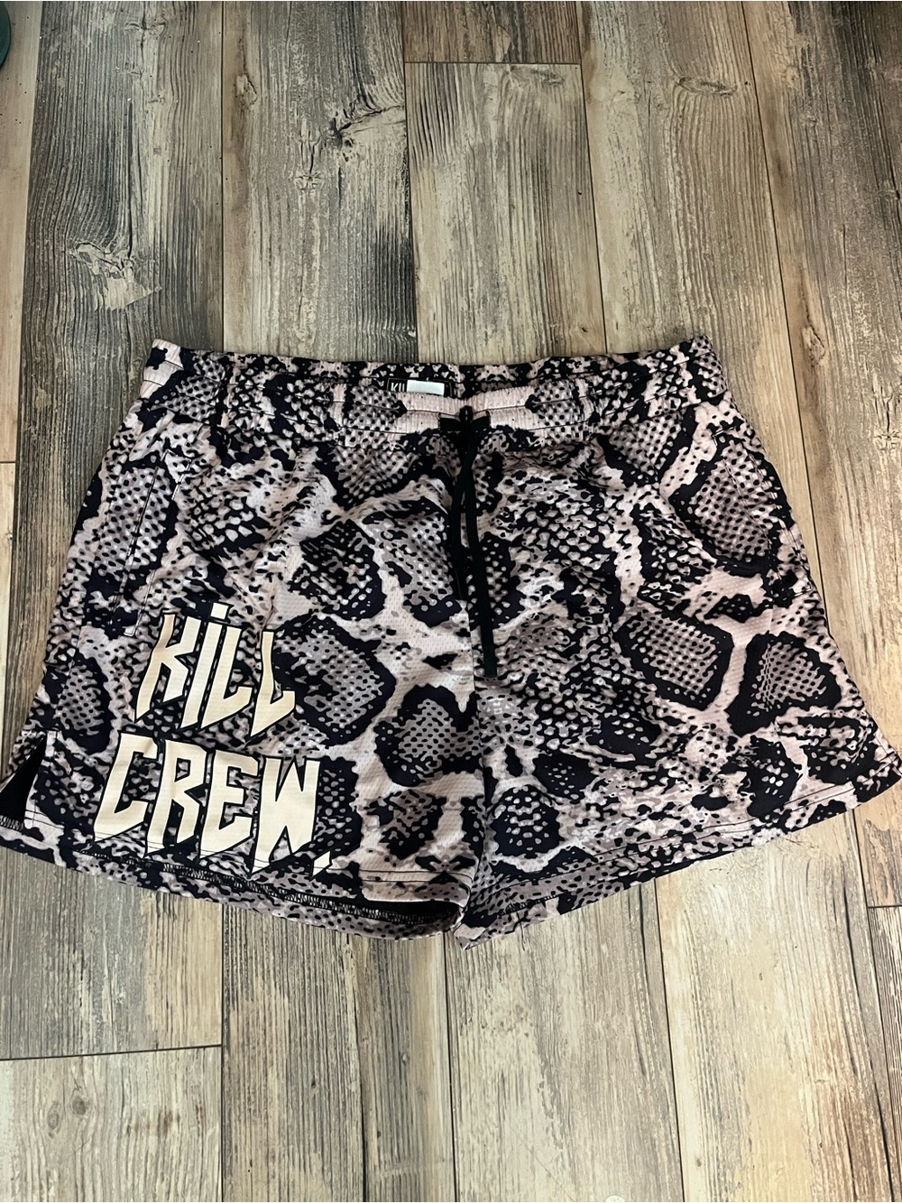 Snake Print Mens Shorts with 'Kill Crew' Graphic - Black & Cream